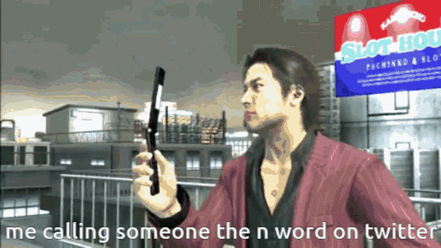 a man is holding a gun in front of a slot machine