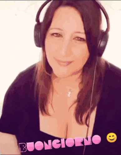 a woman wearing headphones with the word buongiorno written on it