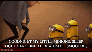 a cartoon of a man standing next to three minions that say goodnight my little minions