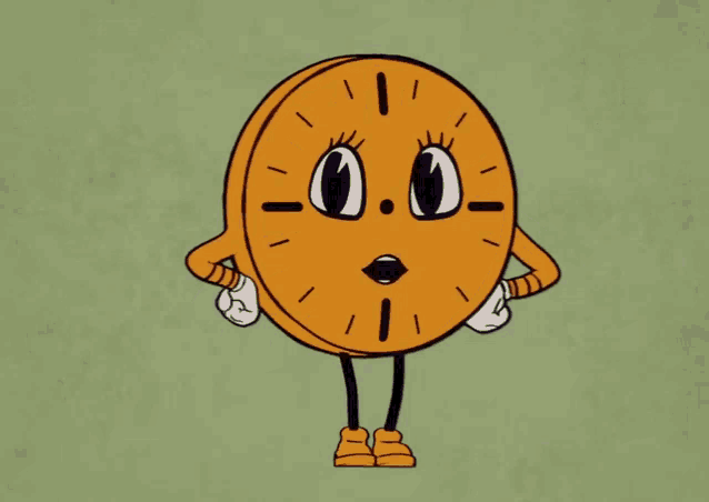 a cartoon drawing of a clock with a face and legs
