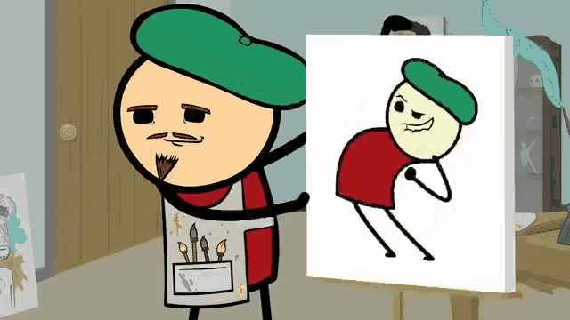 a cartoon character with a green hat is holding a canvas with a drawing of a man on it