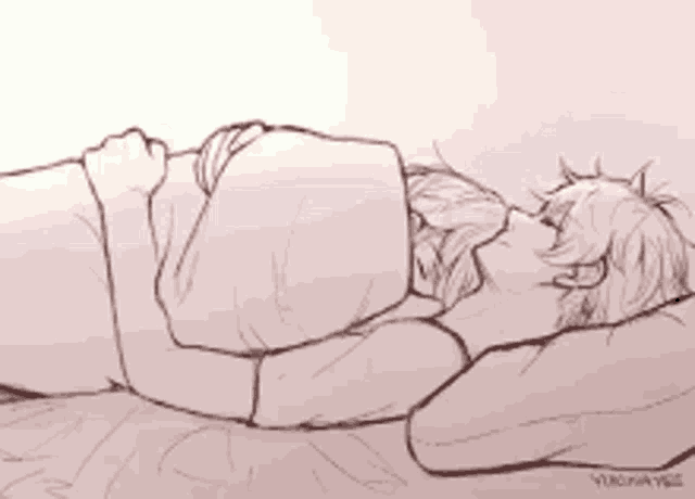 a drawing of a man and woman hugging each other while laying on a bed .