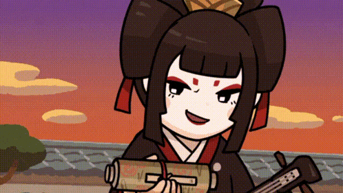 a cartoon drawing of a girl holding a scroll with the number 5 on it