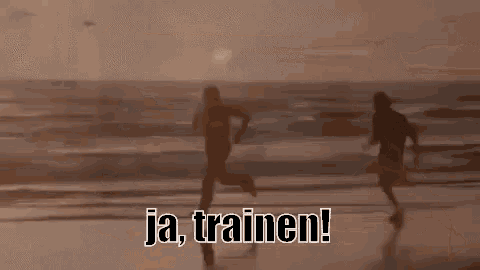 two people are running on a beach with the words `` ja , trainen ! ''