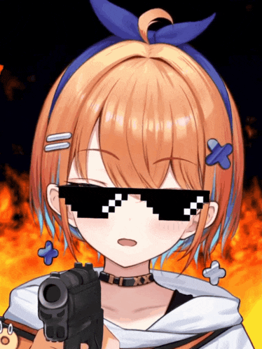a girl wearing sunglasses and holding a gun