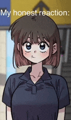 a cartoon girl with short brown hair is standing in front of a yellow building .