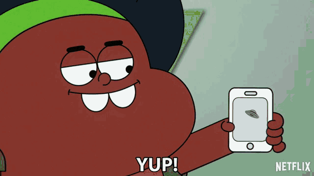 a cartoon character is holding a cellphone and says yup