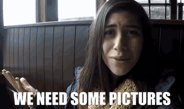 a woman is sitting in front of a wooden wall and says " we need some pictures "