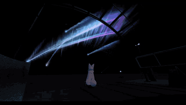 a cat is sitting in a dark room with a purple and blue light coming from the ceiling