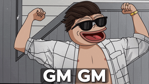 a cartoon of a shirtless man flexing his muscles with the words gm gm above him