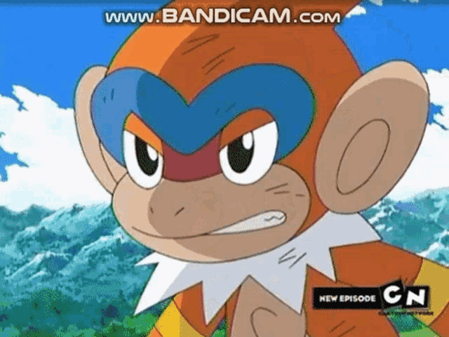 a close up of a cartoon monkey with a blue mask on his head .
