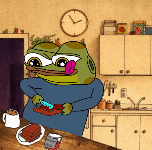 a cartoon of a frog cutting a piece of bread with a knife