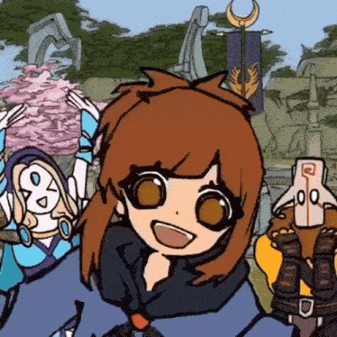 a cartoon of a girl with brown hair and a blue jacket