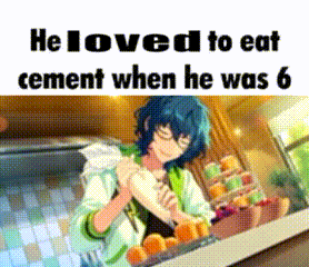a cartoon of a boy in a kitchen with the words he loved to eat cement when he was 6