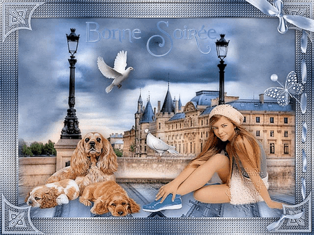 a picture of a girl and dogs with the words bonne soirée written on it