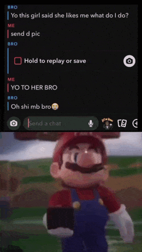 a screenshot of a video chat with mario and a girl asking him to send a picture