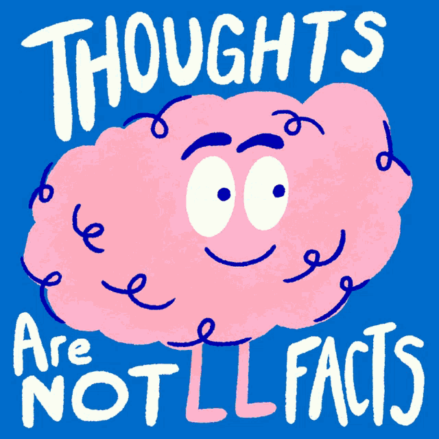 an illustration of a brain with a face and the words thoughts are not facts