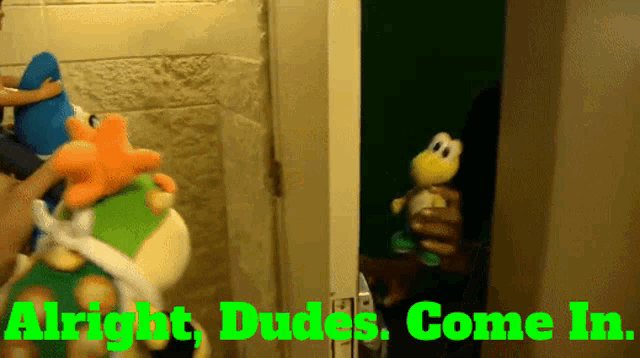 a person holding a stuffed animal with the words alright dudes come in on the bottom