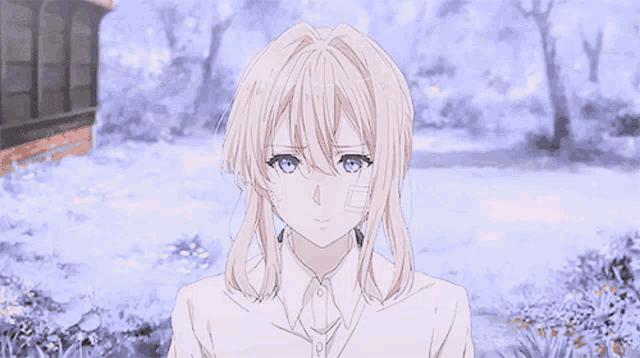 a girl with a bandage on her face is standing in the snow