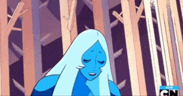 a cartoon of a woman with blue hair standing in a forest .
