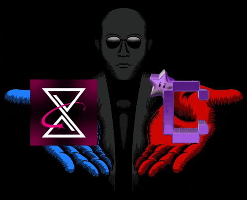 a man in a suit is holding a purple star and a purple square in his hands