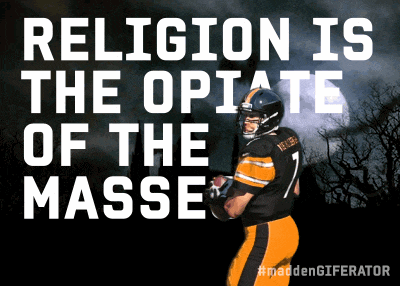 a poster that says religion is the opiate of the masse with a football player