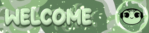 a green background with the words welcome and a cartoon face