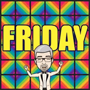 a cartoon man in a tuxedo is standing in front of a colorful background with the word friday written in yellow
