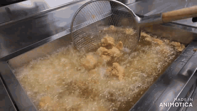 chicken is being cooked in a fryer with a strainer and made in animatica written on the bottom