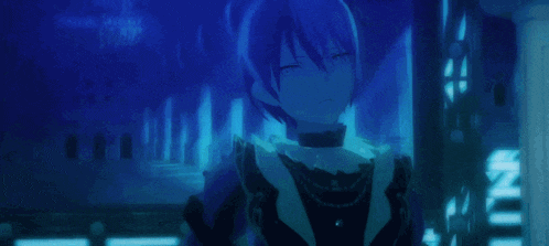 a blue and white anime character with a necklace on his neck