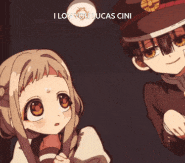 a couple of anime characters with the words i love you lucas cini