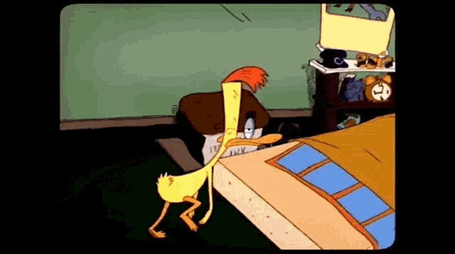 a cartoon of a duck standing next to a bed in a bedroom .