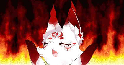 a cartoon drawing of a fox with red ears and a flame behind it