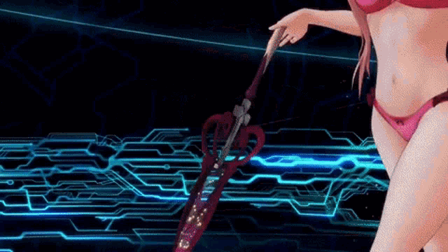 a woman in a bikini is holding a sword in her hand in a video game .