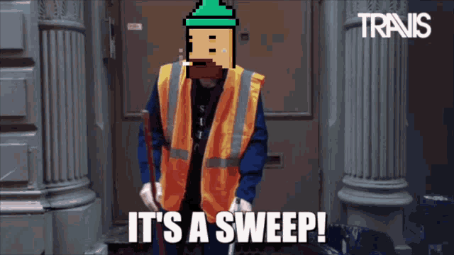 a pixelated man in an orange vest says it 's a sweep while holding a broom