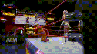 a woman is kneeling in a wrestling ring .
