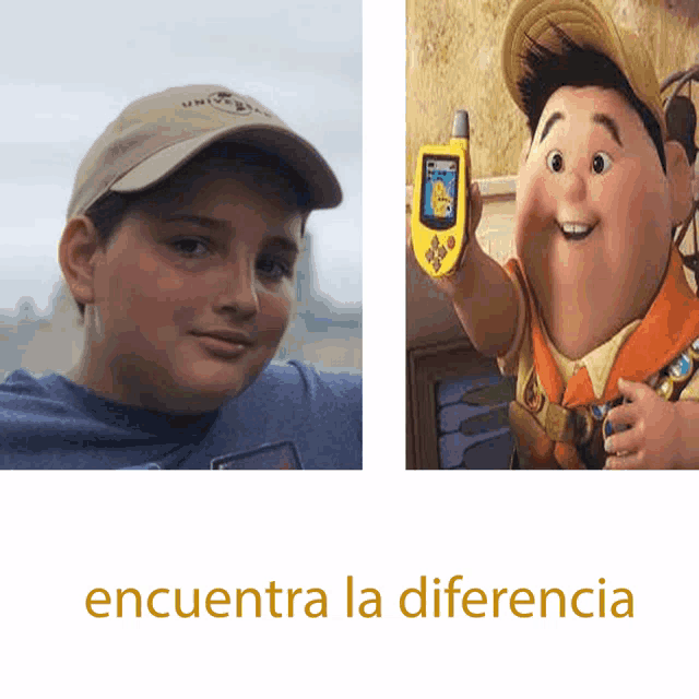 a picture of a boy next to a picture of a cartoon character with the words encuentra la diferencia