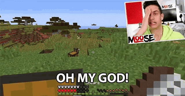 a man in a green shirt is playing a game of minecraft and says oh my god