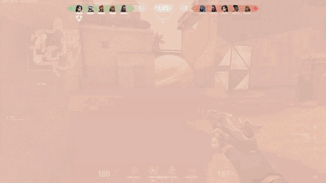 a person holding a gun in a video game with a score of 15