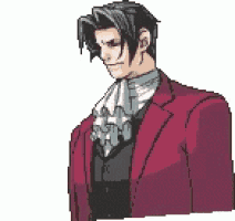 a pixel art drawing of a man in a red suit and tie holding a gun .
