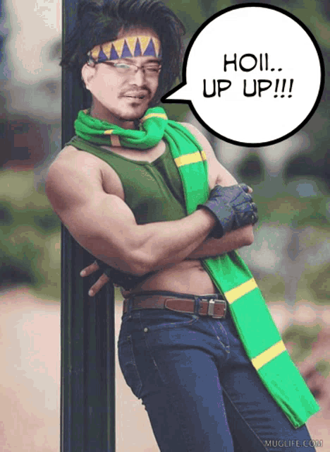 a man leaning against a pole with a speech bubble that says " ho !!! up up !!! "