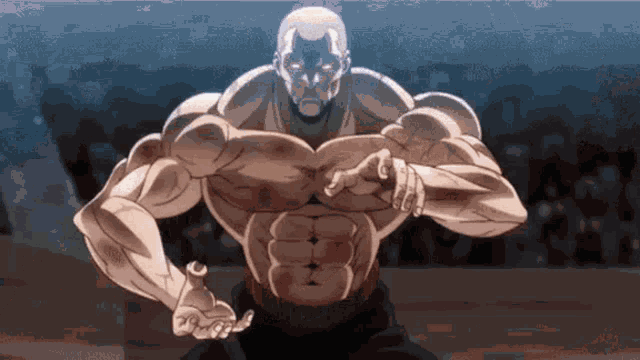 a cartoon character is flexing his muscles while standing in front of a crowd