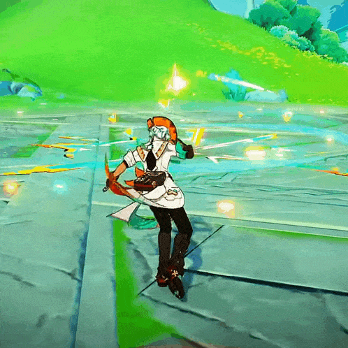 a person in a video game holding a sword and a bow