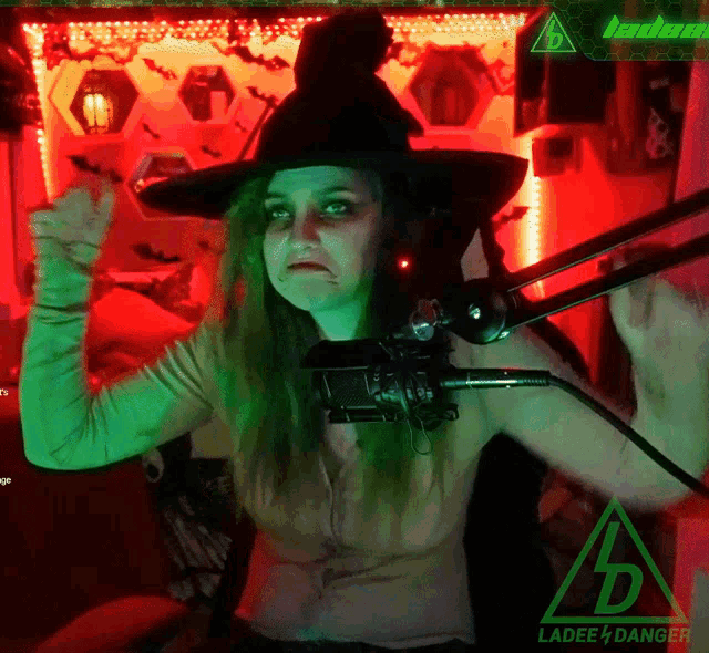 a woman in a witch costume is standing in front of a microphone with a ladee 4 danger logo