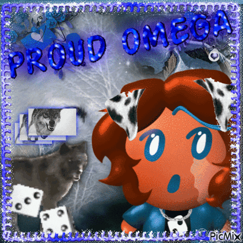 a picture of a dalmatian girl with the words proud omega on it