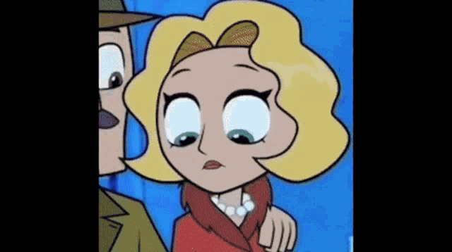 a cartoon woman with big eyes is standing next to a man in a hat