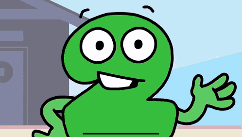 a green cartoon character with big eyes and a smile on its face