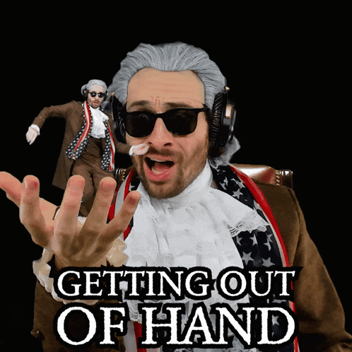 a man in a wig is wearing headphones and sunglasses and says " getting out of hand "
