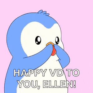 a penguin is holding a heart in its mouth and says happy vd to you ellen .