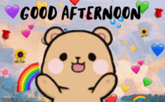 a cartoon bear says good afternoon with hearts and a rainbow